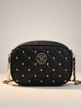 NWT Badgley Mischka Black Quilted Camera Bag Gold Studs Vegan Leather Crossbody